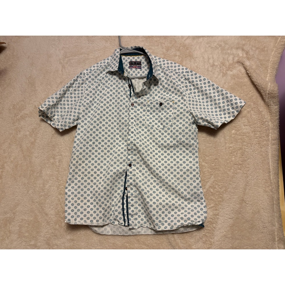 LON NYC Mens Short Sleeve Button Up Shirt White Blue Floral Print Size L
